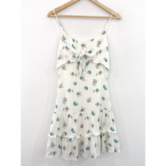 Altar'd State White Mini Floral Mini Dress size Small Ruffle Knot Front Tiered - Picture 1 of 6